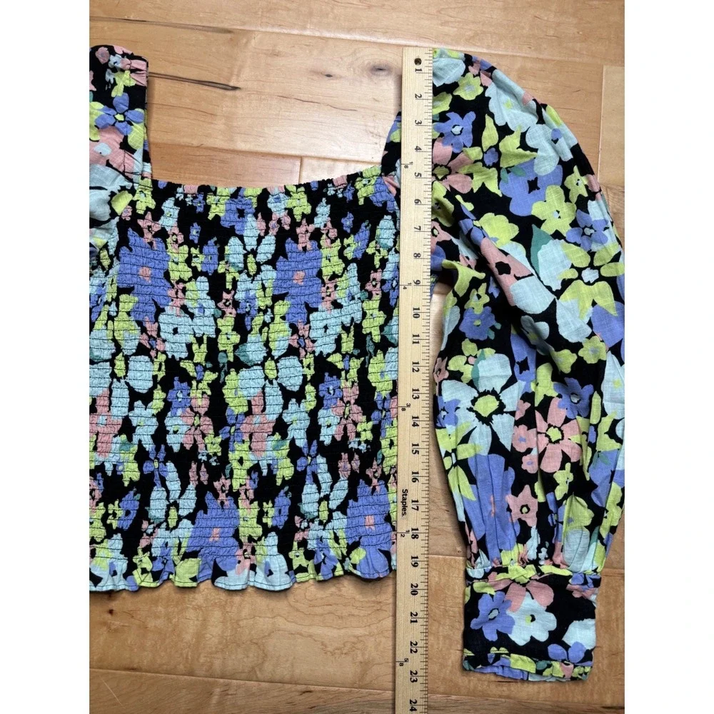 Free People Ariana Printed Cropped Top Women M Multicolor Floral Puff Sleeve